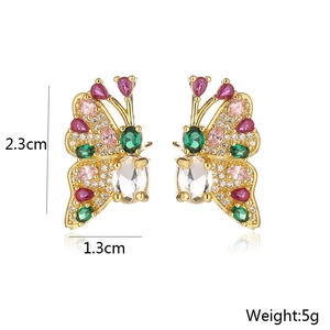 Detailed size view of butterfly earrings with colorful zircons in 18K gold plating