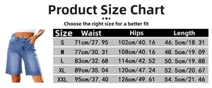 Size chart for women's denim capri pants with waist, hips, and length measurements