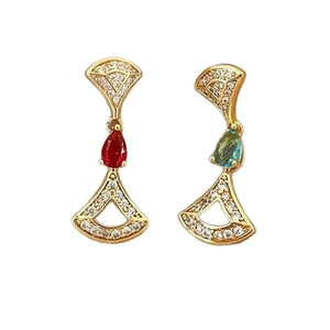 Elegant 14K gold plated asymmetrical earrings with red and green teardrop zircon stones