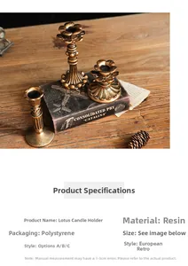 Detail van drie vintage hars kaarshouders in lotusvorm met een antieke bronzen afwerking