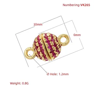 Golden 6mm magnetic ball clasp with ruby red cubic zirconia for jewelry making