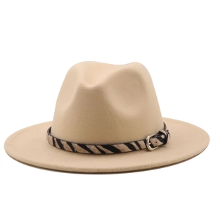 Classic beige wool fedora hat with a stylish zebra print leather band and metal buckle