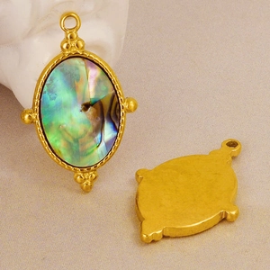 Front and back detail of an oval 304 stainless steel pendant with abalone shell inlay