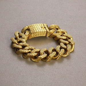 Men's retro gold-plated stainless steel trident bracelet with textured curb chain