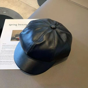 Women Vintage Synthetic Leather Newsboy Cap Solid Color Fashion Octagonal Beret Hat For Autumn Winter Outdoor Warm Accessory