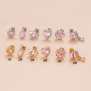 Ear Cartilage Studs Piercing Jewelry Stainless Steel Earring Post Copper Inlaid Pink Zircon Flower Heart Screw Ball Back