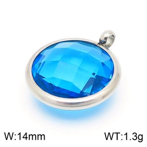 Blue faceted gemstone pendant detail with 14mm width and silver metal border