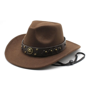 Brown wool western cowboy hat with studded leather band and adjustable wind rope