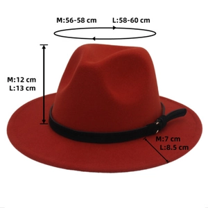 Classic red wool fedora hat with black faux leather band and metal buckle in two sizes