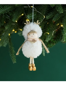 Christmas angel plush ornament with golden antlers hanging on a festive tree branch
