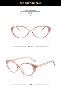Detailed front and side views of pink cat-eye blue light blocking glasses frames