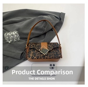 Close-up of leopard print shoulder bag featuring textured faux fur and gold square buckle