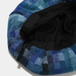 Plaid checkered cloud beret hat in blue tweed fabric with soft black inner lining