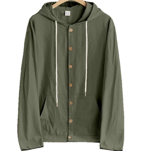 Army green linen hooded shirt for men featuring long sleeves and wooden buttons