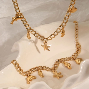 Ocean Marine Theme Necklace And Bracelet Stainless Steel PVD Gold Plated Starfish Shell Dolphin Seahorse Charms Waterproof