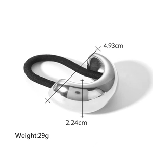Polished silver hair tie dimensions showing 4.93cm length and 2.24cm width specifications