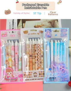 Macro detail of erasable gel pen sets with ST tip in various cartoon themed packaging