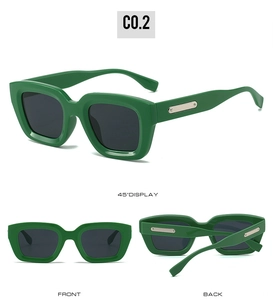 Three-angle view of green square sunglasses with silver metal temple accents