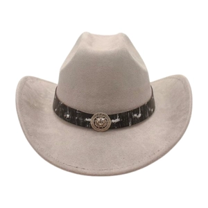 Detail of the golden lion head emblem and Greek key pattern on a grey cowboy hat band
