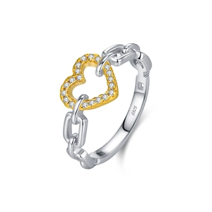 Elegant S925 sterling silver chain link ring with a gold heart and pave zircons