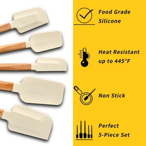 Detail of 5-piece cream silicone spatula set with heat-resistant wood handles
