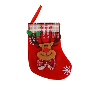 Festive red Christmas stocking with 3D cartoon reindeer and plaid cuff decoration