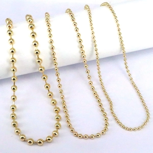 Detailed comparison of 3mm, 4mm, and 6mm gold-plated ball chain necklaces on a stand