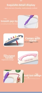 Detail view of the magnetic drawing board with rounded tip, stand, and handle features