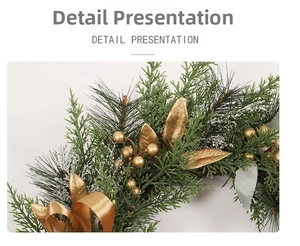 Detailed close-up of Christmas wreath with golden berries, pine needles and festive ribbons