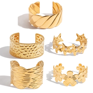 Cuff Bangle Bracelet 18K Gold Plated Stainless Steel Waterproof Hypoallergenic Minimalist Modern Wave Flower Design For Women
