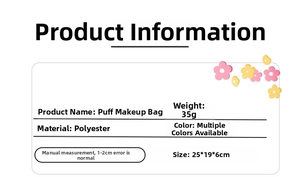 Polyester puffy cosmetic bag specifications with 25x19x6cm dimensions and 35g weight