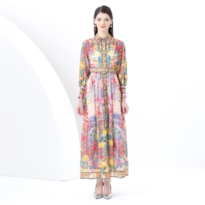 Maxikleid Mit Blumendruck Hemdkleid Langarm Revers Geknöpft Gürtel Muschelsaum Retro Elegant Urlaub A-Linie Für Damen