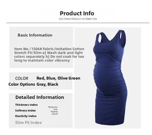 Detail view of navy blue sleeveless maternity dress showing cotton-like Lycra fabric features