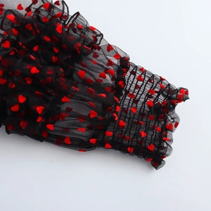 Sheer black mesh shirt with red heart flocking and ruffled elastic lantern sleeves