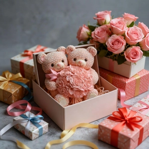 Pink teddy bear silicone mold for DIY flower bouquet candle and gift decoration