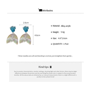 Detailed size chart and specifications for blue acrylic flower fishtail earrings