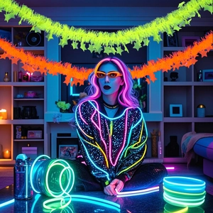 Neon EL wire party jacket with geometric patterns and fluorescent star streamers