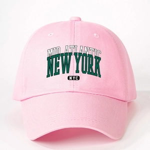 Pink cotton baseball cap featuring vintage New York NYC embroidery in a classic 6-panel style