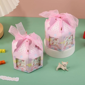 Pink carousel octagonal wedding gift box with unicorn patterns and tulle ribbon