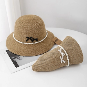 Women Straw Hat UV Protection Artificial Pearl Chain Ribbon Bow Wide Brim Paper Polyester Sun Bucket Hat For Beach Holiday