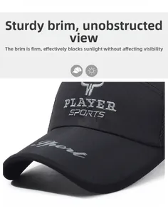 Detailed close-up of breathable mesh fabric and player sports embroidery on black cap
