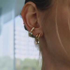 Golden teardrop zircon earrings and C-shaped ear cuff set with pavé crystal accents