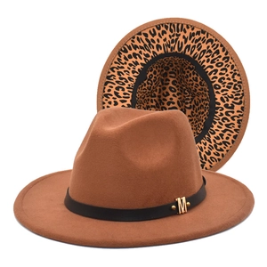 British retro leopard print wide brim fedora hat with brown wool felt and gold M detail