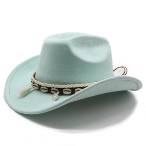 Mint green faux suede western cowboy hat with white tassels and shell ethnic decoration