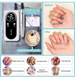 Portable white nail drill showing before and after results with six specialized functions