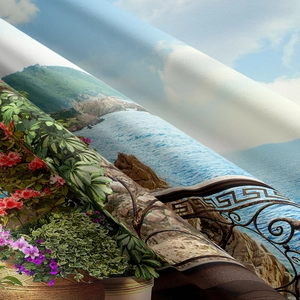 Detail of Mediterranean seaside landscape print on textured fabric tapestry with flowers