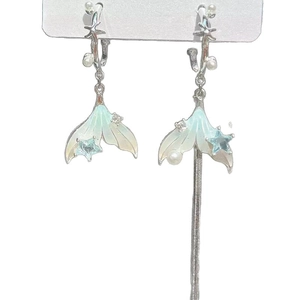 Asymmetric mermaid tail earrings with blue pearls and long chain tassels in silver