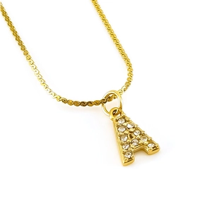 Close-up of gold-plated stainless steel necklace with diamond-encrusted A letter pendant