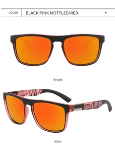 Macro view showing the side and front of polarized black and pink mottled square sunglasses