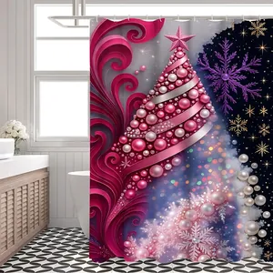 Dettaglio della tenda da doccia 180x180cm con albero di Natale di perle rosa e fiocchi